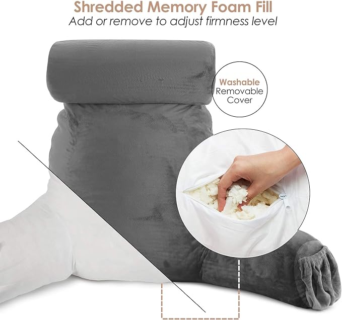 Nestl Reading Pillow with Shredded Memory Foam Includes 2 Neck and Lumber Support Pillows, Designed for Sitting Up in Bed and Couch, Back and Arms Adjustable Support for Adult & Teens, Dark Grey