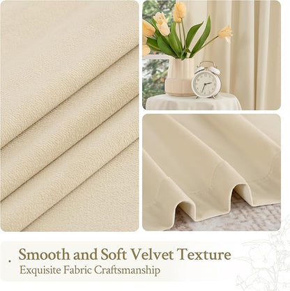 LAMIT Beige Velvet Curtains 102 Inch for Living Room, Elegant Thermal Insulated Drapes Noise Reducing Back Tab and Rod Pocket Drapes for Bedroom/French Door, 2 Panels, 52 x 102 Inch