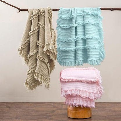 Ultra Soft Pre-Washed Quilted Throw Blanket, Ruffle Fringed Pink Boho Decorative Throw, Stone Washed Chic Rustic Blanket for Sofa Couch Bed Chair, 50"x 60"