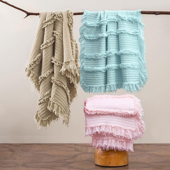 Ultra Soft Pre-Washed Quilted Boho Beige King Size Blankets for Bed, Ruffle Fringed Decorative Throw, Stone Washed Chic Rustic Blanket for Sofa Couch Bed, 104"*90"