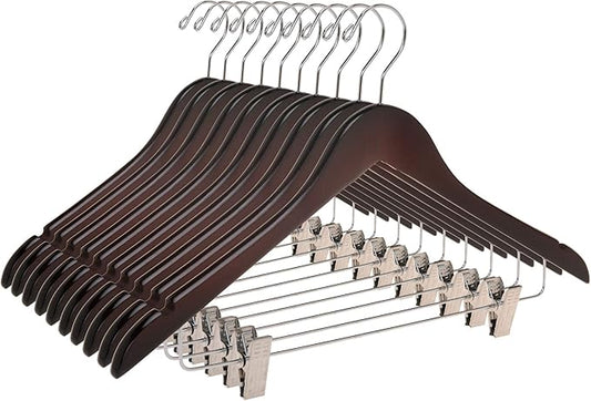Quality Wooden Skirt Hangers with Clips Smooth Solid Wood Pants Hangers with Durable Adjustable Metal Clips, Swivel Hook, Coat, Jacket, Blouse Suit Hangers (Mahogany, 10)