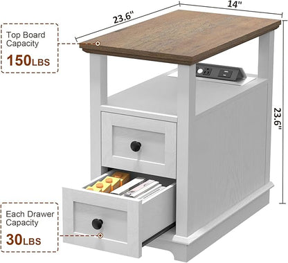 HIFYOBRO Narrow End Table with Flip Top Charging Station and 2 Drawers, Type-C & USB Port & Power outlets, Wooden Storage Cabinet, Side Table with Storage for Living Room and Bedroom (White)