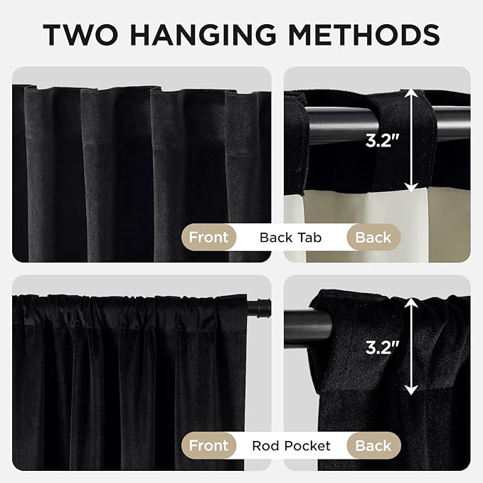 Joydeco Black 100% Blackout Curtains 120 Inch 2 Panels, Luxury Thermal Insulated Black Velvet Curtains for Bedroom Living Room, Soundproof Blackout Window Drapes, Rod Pocket & Back Tab (52W x 120L)