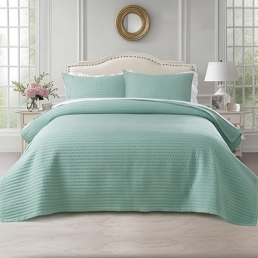 Oversized King Quilt Set 112"x106" – Soft Washed 3-Layer Lightweight California King Bedspread, Minimalist Nordic Design, All-Season Spring & Summer Quilt Set (1 Quilt + 2 Pillow Shams), Green