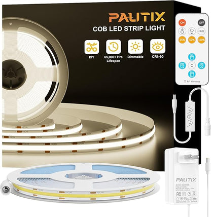 PAUTIX COB LED Strip Lights,UL Listed Dotless LED Lights with RF Remote,16.4ft Natural White 4000K Super Bright Dimmable Flexible Diffused LED Tape Light,Kitchen Cabinet,Office,Stairs,Shelf Lighting