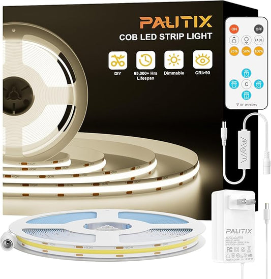 PAUTIX COB LED Strip Lights,UL Listed Dotless LED Lights with RF Remote,32.8ft Natural White 4000K Super Bright Dimmable 24V Flexible LED Tape Light,Kitchen Cabinet,Office,Stairs,Shelf Indoor Lighting