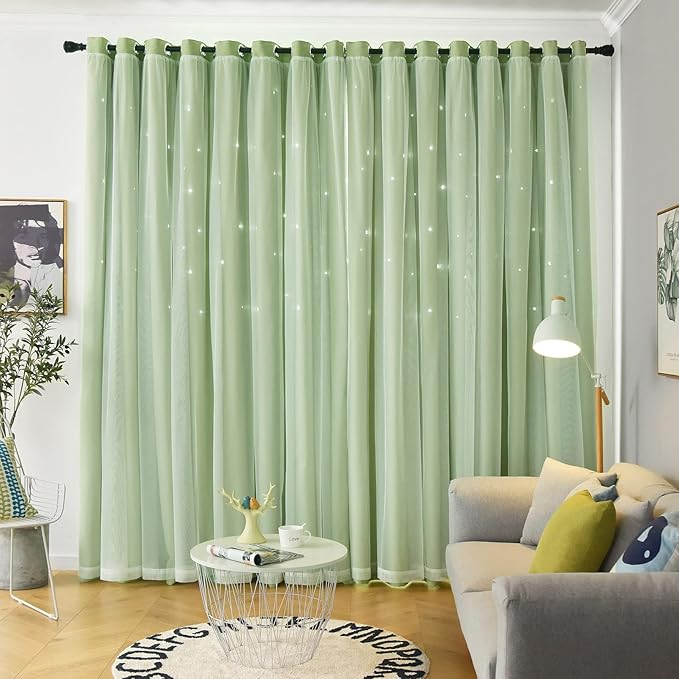Star Curtains Double Layer Curtains Blackout Curtains for Bedroom Kids Curtains Cute Curtains, Curtains 72 Inches Long 2 Panels Set, Green Curtains, 42 X 72 Inches