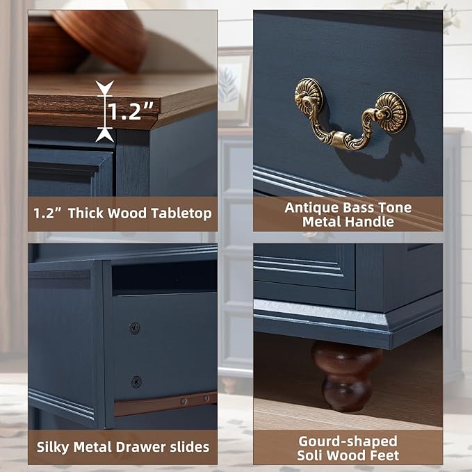 24" Wide Farmhouse Nightstand with Charging Station Set of 2, 45" Tall Rustic Chests of 5 Drawers w/ 4 Solid Wood Feet, Farmhouse Furniture Series for Living Room,Bedroom,DarkBlue
