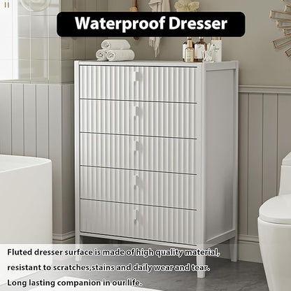 White 5 Drawer Dresser, Modern Tall Dresser for Bedroom, Fluted Wood Chest of Drawers with Deep Drawers for Clothes, Storage Cabinet for Bedroom, Living Rooms, Offices, Entryways
