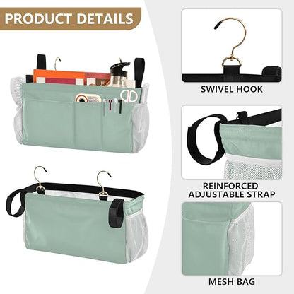 KOPIRIT Cyan Gray Bedside Caddy Storage Bag Bedside Organizer for College Dorm Top Bunk Bed Bedside Shelf Hanging Organizer 6 Pockets with Hooks for Magazine Water Bottle Holder