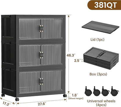 SAILUN 95Gal/381Qt Stackable Storage Bins Folding Collapsible Storage Bins with Lid, Closet Organizers and Storage Box with Door Black 28" W x 17" D x 46" H