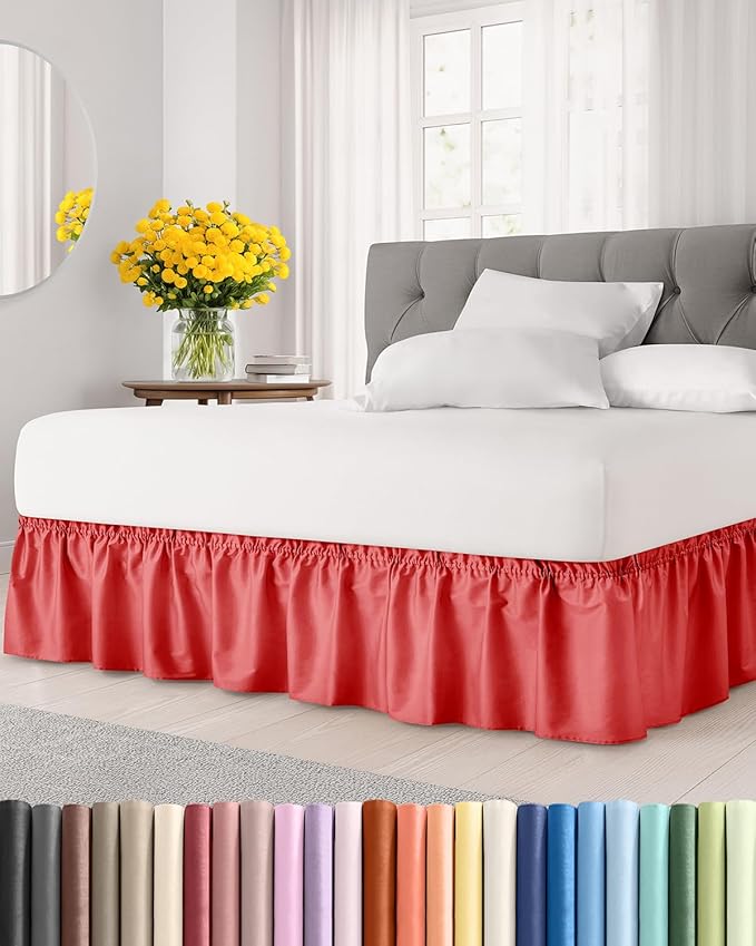 Wrap Around Dust Ruffle Bed Skirt - Red - for King Size Beds with 18 Inch Drop - Easy Fit Elastic Strap - Adjustable Pleated Bedskirt w/Brushed Fabric - Wrinkle Free - for Women, Men, Kids & Teens