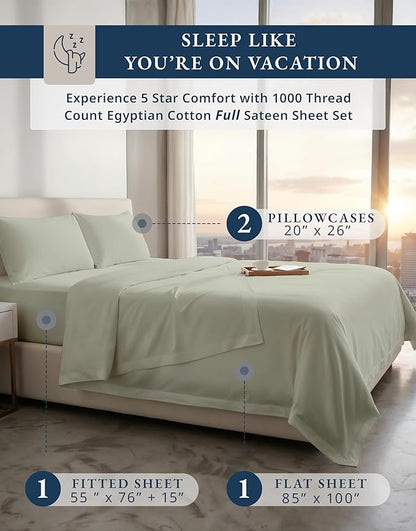 LANE LINEN 100% Egyptian Mercerized Cotton Full Size Bed Sheets Set - 1000 Thread Count, Eco Friendly Sustainably Produced No Pill Fade Resistant 15 Iinch Deep Pocket Full Sheets Set - Mineral