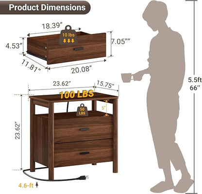 FavourLife Night Stand Set 2, 23" Wide Nightstands Set of 2, Walnut Nightstand with Charging Station, 2 Drawer Wooden End Table with Solid Round Post Legs & Open Shelf,Modern Bedside Table for Bedroom