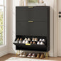 Shoe Cabinet with 3 Flip Drawers Narrow, Fluted Black Shoe Cabinet Storage for Entryway Slim, Hidden Shoe Storage Cabinet, Modern Freestanding Shoe Rack Organizer for Entryway, Black