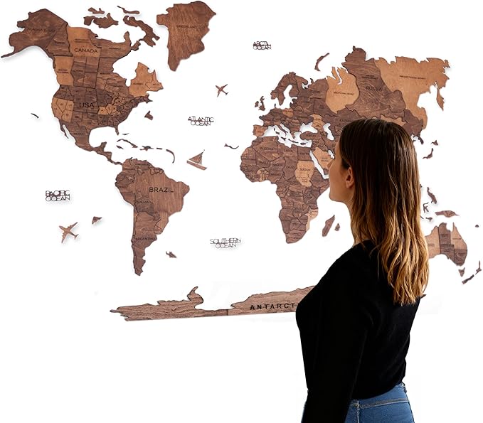 Handmade 3D Wood World Map Wall Art Large Wall Decor Track Your World Travels - Special for Home, Kitchen and Office (Medium, Oak)