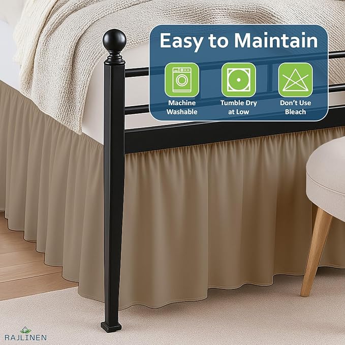 Rajlinen Ruffled Bed Skirt King, 15 Inch Drop Dust Ruffle with Split Corners, 100% Microfiber Bedskirt with Platform, Three-Sided Coverage Ruffled Gathering Design, Taupe