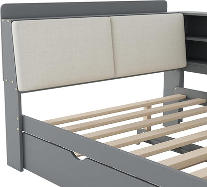 Ball & Cast Full Size Wooden Storage Daybed Frame, Modern Platform Bed with Trundle & Flip Headboard & Shelves, L Shaped Full Floor-Bed w/Upholstered Headboard&Storage, No Box Spring Needed, Gray