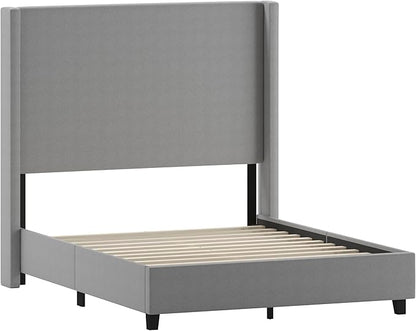 EMMA + OLIVER Nora Full Size Faux Linen Upholstered Platform Bed with Plush Padded Wingback Headboard (No Box Spring Needed), Modern Upholstered Headboard Full Bed Frame, Gray