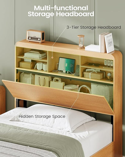 AOGLLATI Twin Bed Frames with 4 Storage Drawers and Hidden Storage Headboard, Wood Led Fluted Twin Bed with Charging Station and Curved Profile Design, No Box Spring Needed, Wood