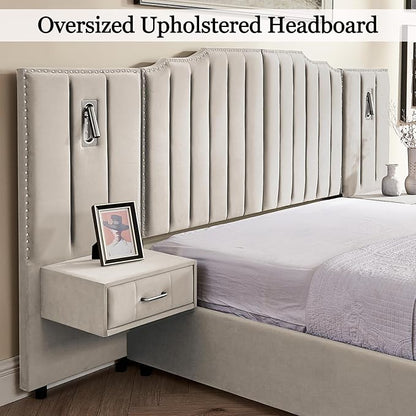 Luxury Queen Bed Frame with Headboard and Storage, Velvet Fabric Upholstered Platform Bed Frame Queen Size with LED Lights, Solid Frame & Bedside Table, No Box Spring Needed, Beige
