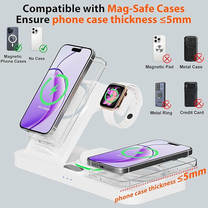 Dual Phone Magnetic Wireless Charging Station for Apple Devices/Apple Ecosystem,with Auto-Switch 7-Color Light & Clock, Compatible with iPhone 17/16/15, for iWatch 11/10/9 & AirPods Pro3（White