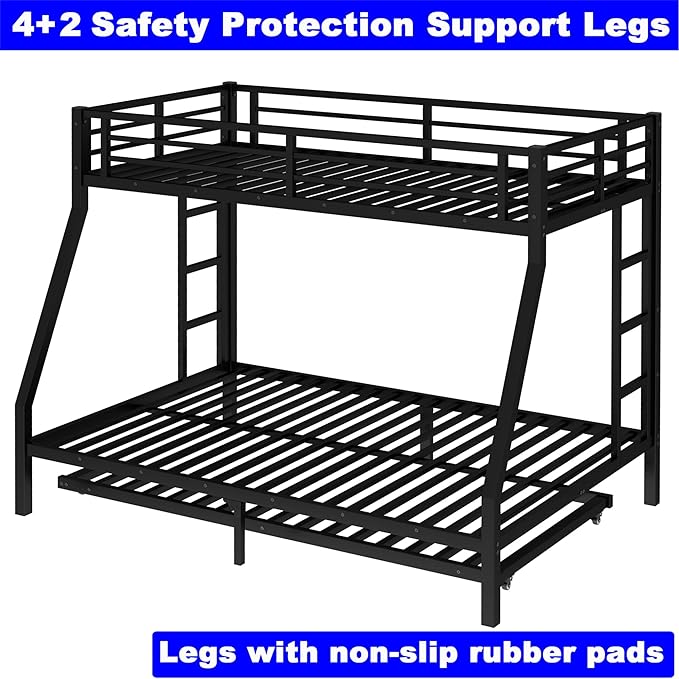 Upgraded Version Thicken Heavy Duty Metal Twin Over Full Bunk Bed with Twin Size Trundle, Modern Style Stronger Bunk Bed Frame Twin Over Full Size for Adults, Easy Assembly (Twin/Full)