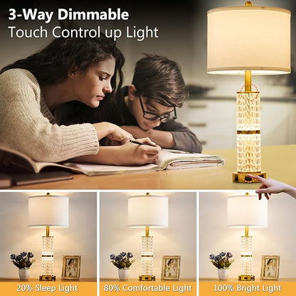 Crystal Table Lamps Modern 3-Way Dimmable Bedside Lamp with 2 USB Ports & AC Outlets for Living Room Bedroom Nightstand Lamp Night Light