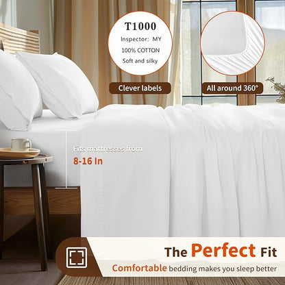 LBRO2M 1000 Thread Count 100% Egyptian Cotton Sheets Set Twin XL, 3 Piece Sets Bed Sheet Deep Pocket Sheet Set 16" Soft Comfortable All Season (Twin XL, White)