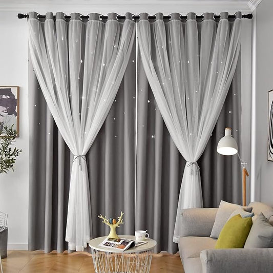Star Curtains Blackout Curtains for Bedroom Kids Room Curtains Nursery Curtains Double Layer Curtains Kids Curtains for Boys, Blackout Curtains 108 Inches Long, Grey Curtains, 52 X 108 Inches