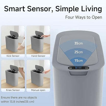 TIPGO Automatic Motion Sensor Bathroom Trash Can with Lid, 2.6 Gallon Touchless Trash Bin, Smart Garbage Can Plastic Slim Wastebasket for Bedroom, Office, Dorm (Grey)