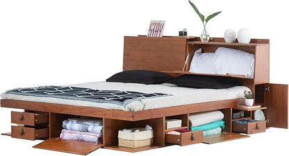 memomad Bali Set: Storage Platform Bed with Drawers + Bookcase Headboard (King Size, Caramel Brown Wood)