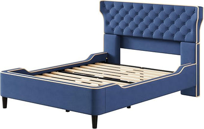 Christopher Knight Home Salus Linen Upholstered Queen Size Bed Frame with Headboard, Modern Queen Bed Frame and Headboard, Wooden Slats Support, Easy Assembly, No Box Spring Needed, Blue