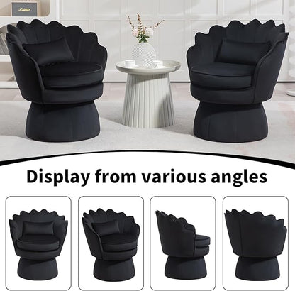 360° Swivel Accent Chair, Mid-Century Modern Velvet Barrel Chair, Comfy Shell Shape Arm Chair with Lumbar Pillow for Living Room, Bedroom, Office, Black