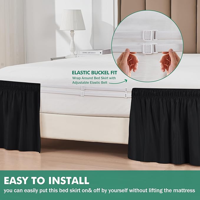 Biscaynebay Wrap Around Bed Skirts with Split Corners for Twin/Twin XL Beds 18" Drop, Black Adjustable Elastic Dust Ruffles Easy Fit Wrinkle Resistant Silky Luxurious Fabric Machine Washable