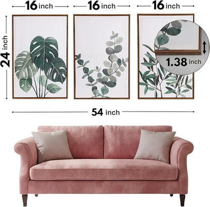 Sage Green Boho Framed Wall Art,16x24x1.38in 3Pcs, Neutral Botanical Canvas Prints, Monstera, Eucalyptus & Olive Leaf Decor, Floating Frames Included, Minimalist Art for Living Room, Bedroom
