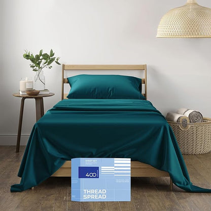 THREAD SPREAD 100% Cotton Sheets Twin Size - 400 Thread Count Cotton Bed Sheets Twin, 3 PC Set (Teal), Luxury Soft, Breathable, Cooling, Sateen Weave 16" Deep Pocket Bedsheet for Dorm Rooms
