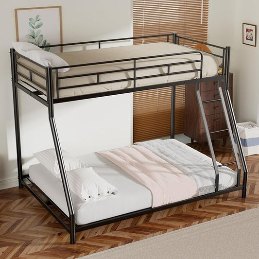 Twin Over Full Bunk Bed for Adults & Kids, Heavy Duty Bunk Beds with EVA Padded Ladder and Full-Length Guardrails, Noise-Free Metal Bed Frame, Space-Saving Design, Black