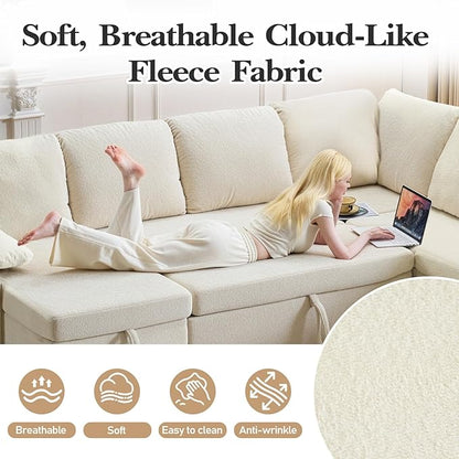 VINGLI Convertible Sofa Bed, U-Shape Sectional Couches for Living Room Sleeper Sofa with Pull Out Couch Bed Cloud-Like Plush Fleece Sofa Couch with Storage Chaise, USB Charging, Side Pockets