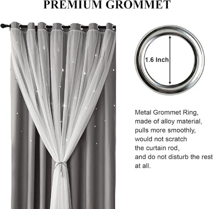 Star Curtains Blackout Curtains for Bedroom, Kids Room Curtains Nursery Curtains Double Layer Curtains, Kids Curtains for Boys, 84 Inch Curtains 2 Panel Set, Grey Curtains, 52 X 84 Inches
