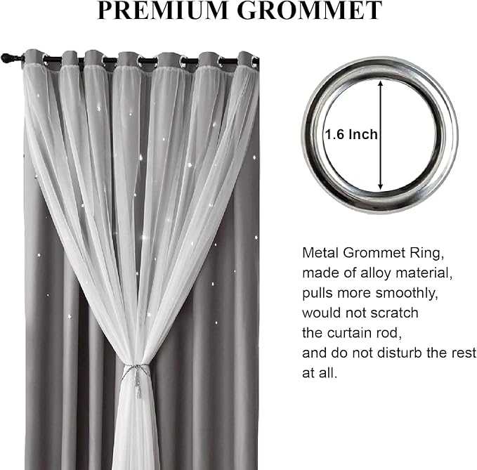 Star Blackout Double Layer Curtains - Cute Kids Bedroom & Nursery Curtains, 63 Inch Length, 2 Panels, Grey