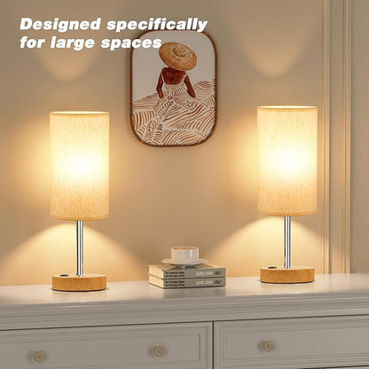 Fenmzee Touch Table Lamp - Cream, 3-Way Dimmable, USB A + C Charging, AC Outlet, 17.4inch Medium, Wood Grain Base