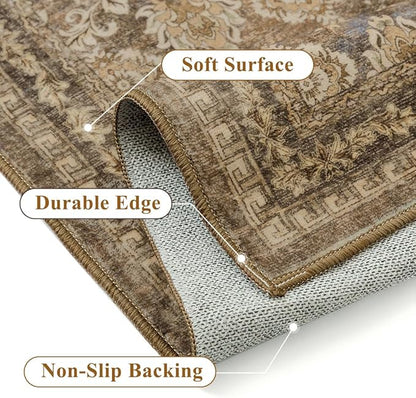 5x7 Vintage Area Rug Brown Washable Living Room Large Non Slip Carpet Bedroom Indoor Office Low Pile Traditional Distressed Retro Floral Accent Rug for Dining Room Bathroom Kitchen