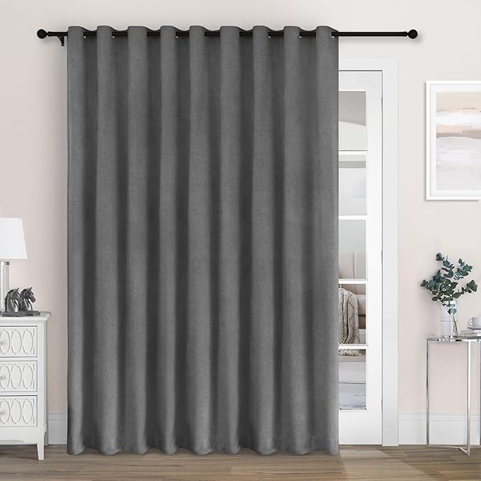 Macochico 100" Wx84 L Dark Grey Full Blackout Curtains for Sliding Door, Thermal Insulated Drapery for Living Room Bedroom Windows Patio Door, Modern Chenille Grommet Curtains with Tieback 1 Panel