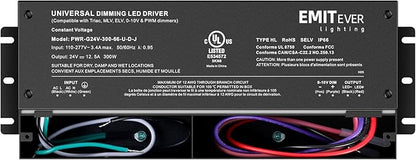 EMITEVER Dimmable Led Driver, 300W AC 110V-277V to DC 24V Transformer, 5-in-1 Dimming: ELV/MLV/TRIAC / 0-10V / 1-10V / 10V PWM/Potentiometer, Waterproof IP67 and UL Listed