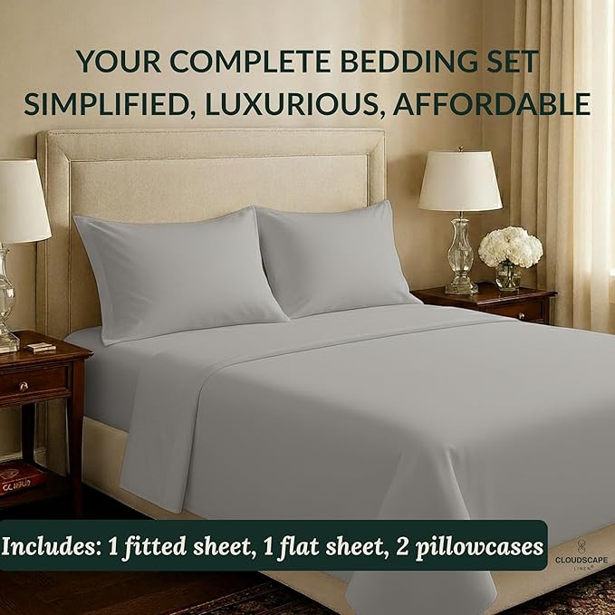Cloud Scape Linen 100% Egyptian Cotton King Sheets Set – 400 Thread Count, 4-Piece Soft Hotel Quality Bedding Set,Deep Pockets up to 16”, Light Grey