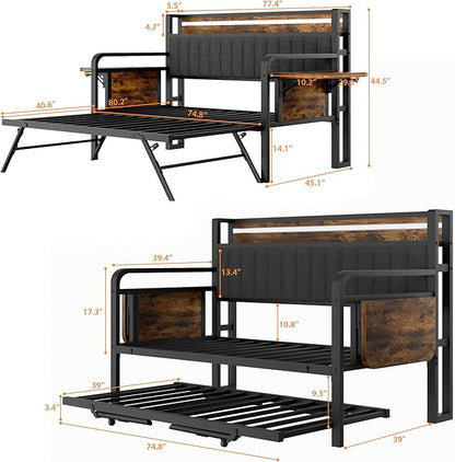 Daybed with Trundle, Twin Trundle Bed Frame - Metal Day Bed with LED Lights, Upholstered Storage Headboard & Charging Station, Pop Up Sleeper, Modern Design for Living Room and Guest Room-Brown