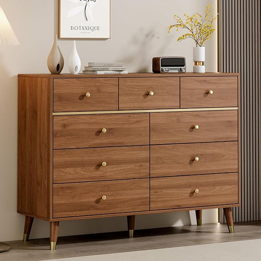 Modern Chest of Drawers with 9 Drawers,Deep Drawers,Clothes Organizer,Large Storage Cabinet for Living Room, Bedroom,Hallway,with Anti-Tipping Device,Brown