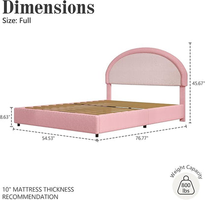 Full Size Bed Frame, Boucle Upholstered Platform Bed Frame with Headboard, Pink Bed Frame, Soft Rounded Corners, No Box Spring Required, Easy Assembly