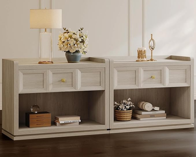 SICOTAS 31" Wide Nightstands Set of 2, Large Night Stands with Drawer, Oversized King Size Nightstand Bedside Table for Bedroom, Farmhouse End Side Table Set of 2 with Round Corners,Grey White Oak
